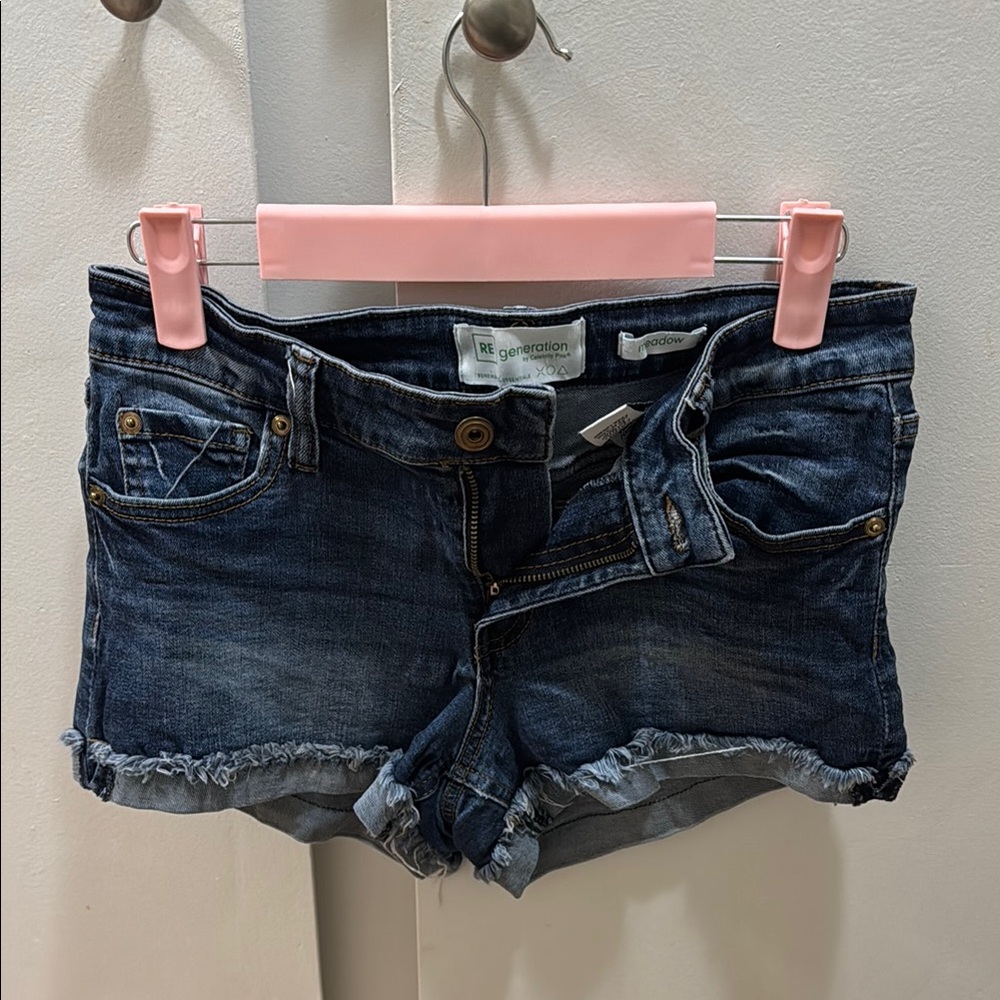 Celebrity Pink Blue Jean Shorts with Distressed Hem